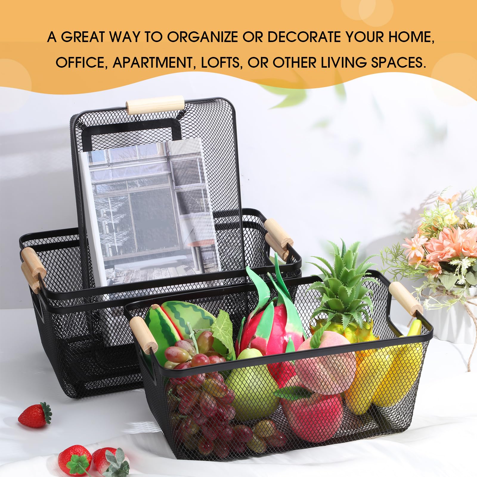 Ziliny 4 Pcs Metal Wire Basket with Wooden Handles Mesh Steel Storage Organizer Bin Containers for Home Organizing Cabinet Pantry Closet Kitchen Fridge Fruit Makeup Snacks Gifts(Large,Black)