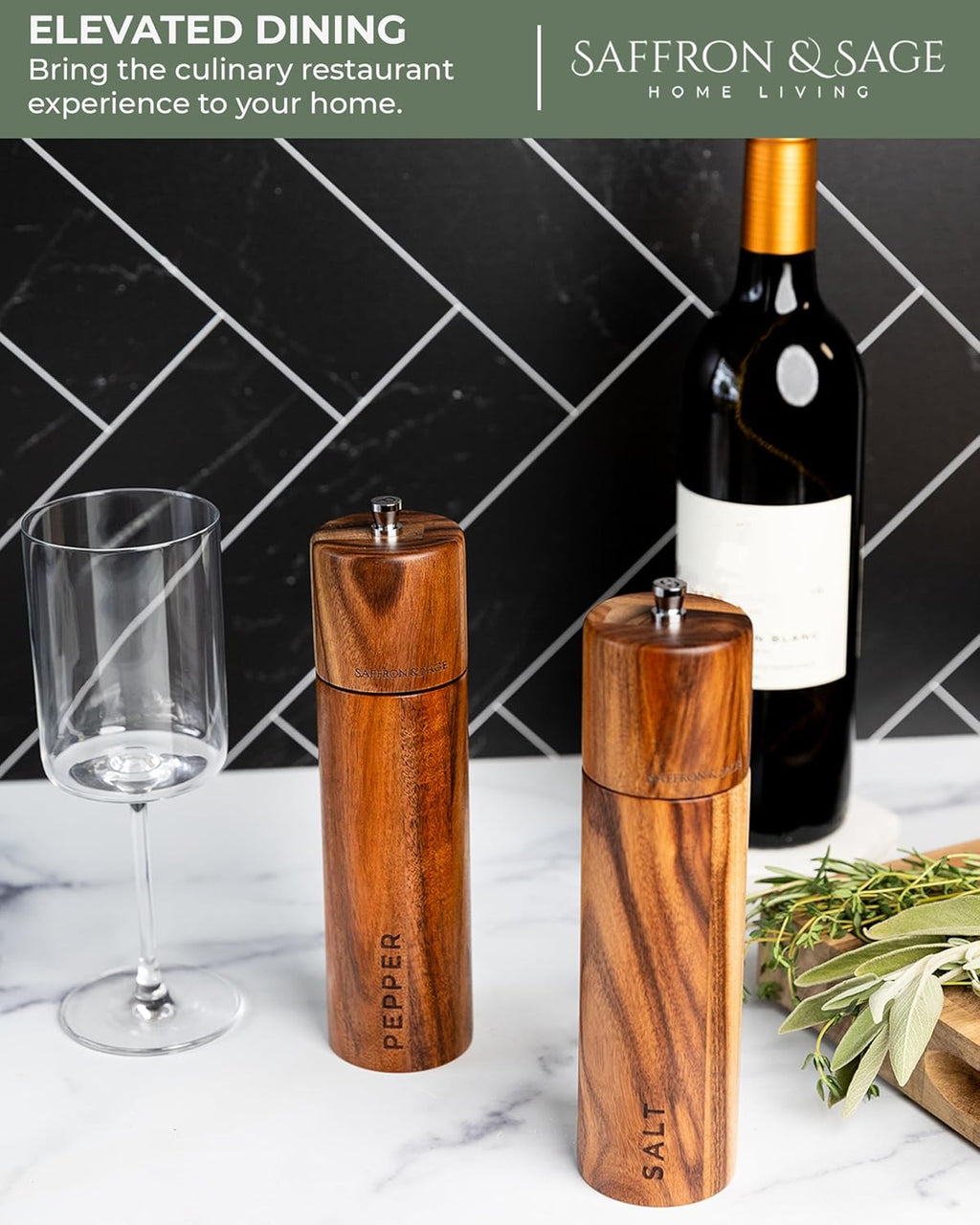 Saffron & Sage Premium Acacia Wood Salt and Pepper Grinder Set | 8” Tall with Adjustable Coarse Settings