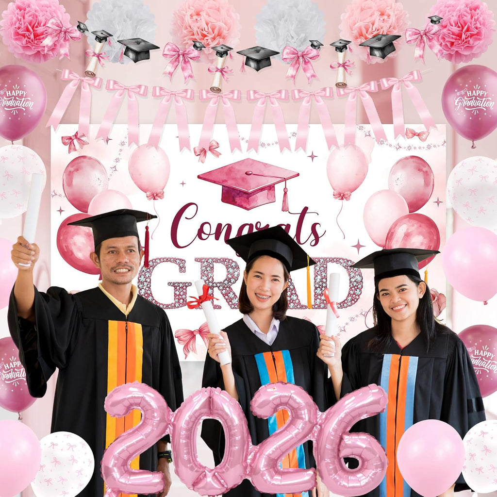 Pink Bow Graduation Decorations - 2026 Grad Banner & Garland | 22PCS Party Supplies