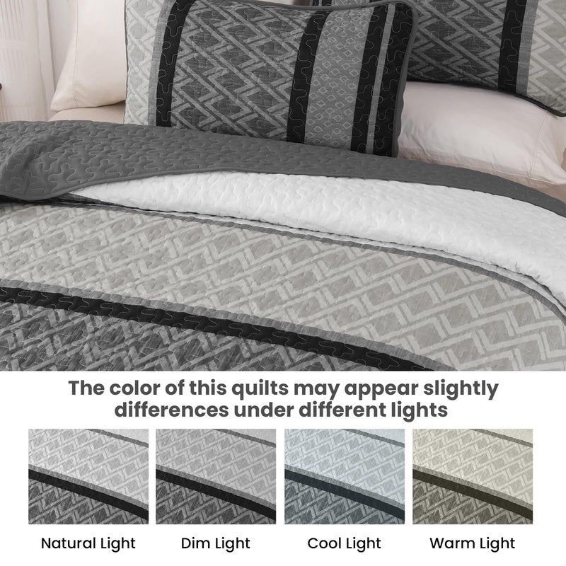 Dinjoy King Size Quilt Set Boho, Soft 3 Pieces Striped Fall Bedspreads Dark Grey Quilts Bedding Sets Boho Lightweight Quilted Coverlets Set Black for Men Bed 110"x90"