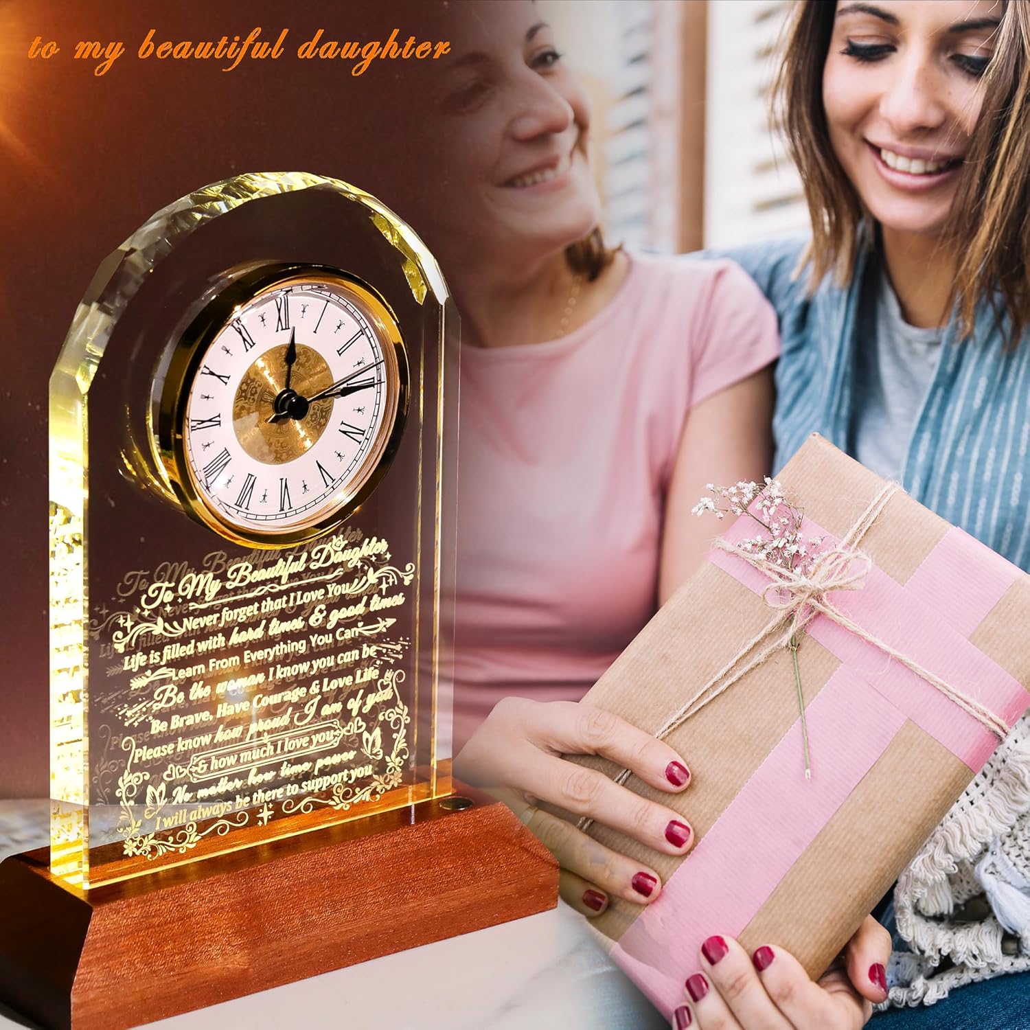 Ornalrist Glass Clock for Daughter | Heartfelt Gift from Mom & Dad - Warm Light Base for Special Occasions