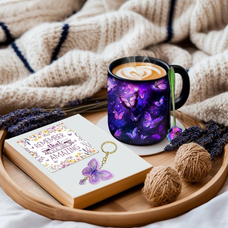 Hyturtle Butterfly Mug Set with Spoon & Keychain Gifts for Women, Mothers Day, Birthday Gifts For Mom, Daughter, Sister, Purple Night Butterflies Mug Set, Unique Gift Ideas 11oz Black Ceramic Tea Cup