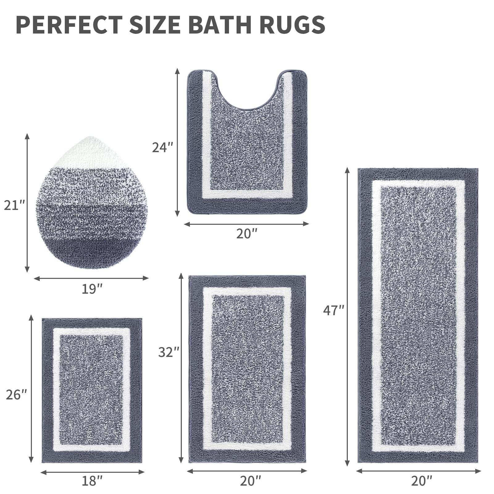 Pauwer Bathroom Rugs Sets 5 Piece, Plush Absorbent Microfiber Bath Mats for Bathroom, Non Slip Washable Bath Rugs Runner with U Shaped Contour Toilet Rugs, Shower Rug and Toilet Lid Cover, Dark Grey