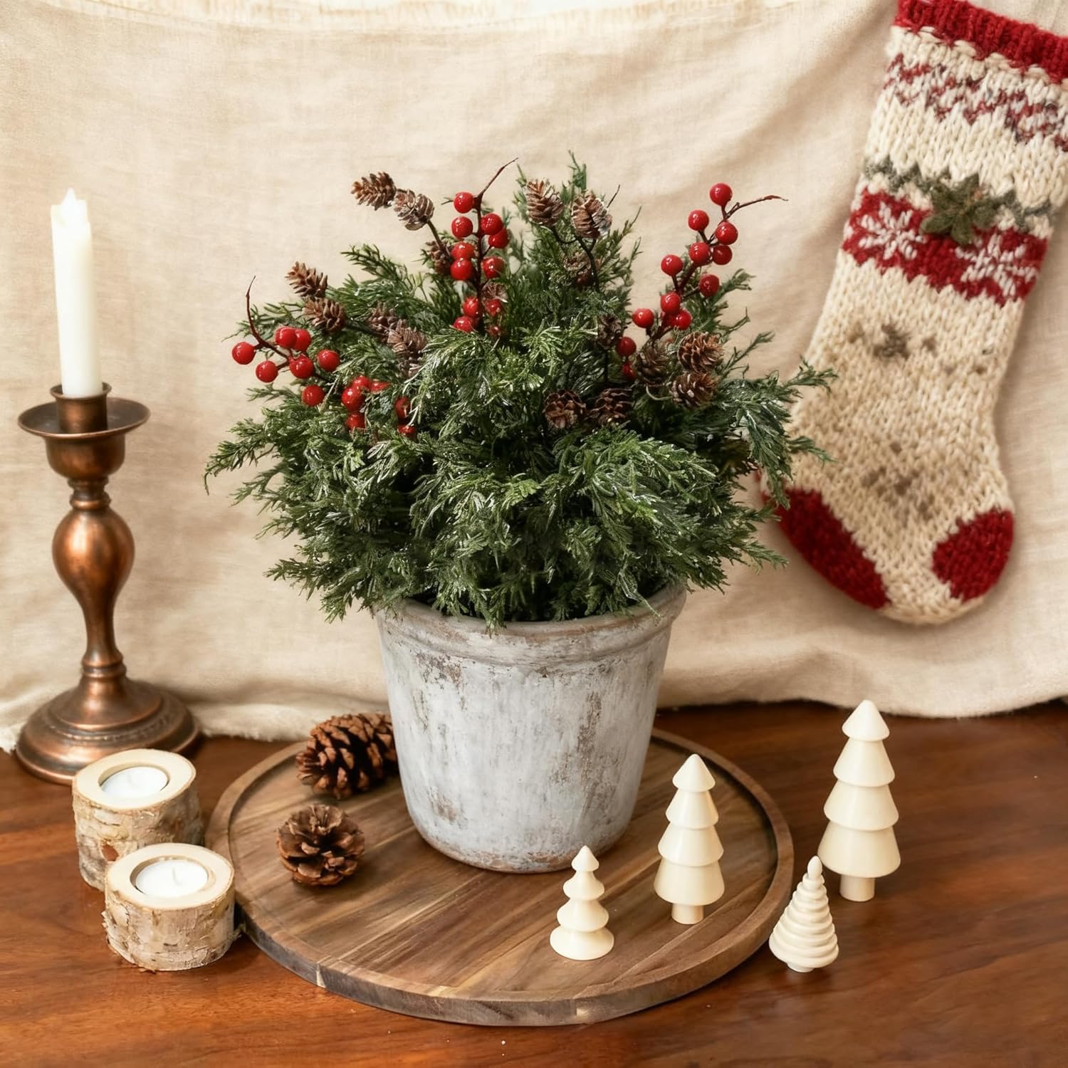 Skiennix Faux Cedar Stems - Realistic Norfolk Pine Branches for Christmas Decor | 12 Stems + Berries + Pinecones