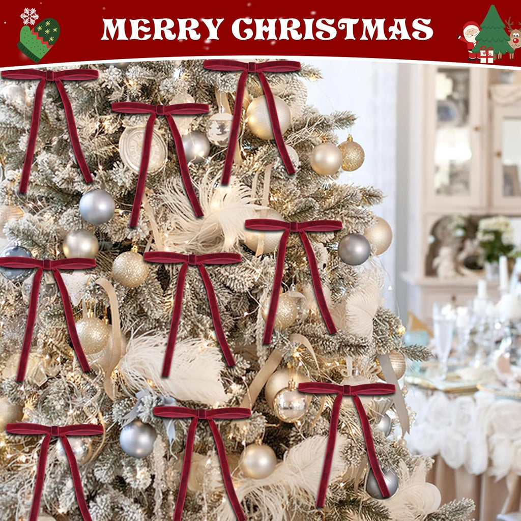 Regine Switzerland 24 Pcs Red Velvet Christmas Ornaments - Rustic Pre-Tied Bows for Holiday Décor | 5x7 Inch