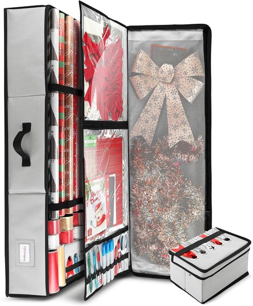 Hearth & Harbor Wrapping Paper Storage Container - Christmas Gift Wrap Organizer with Ribbon Dispenser | Holds 26 Rolls, Silver