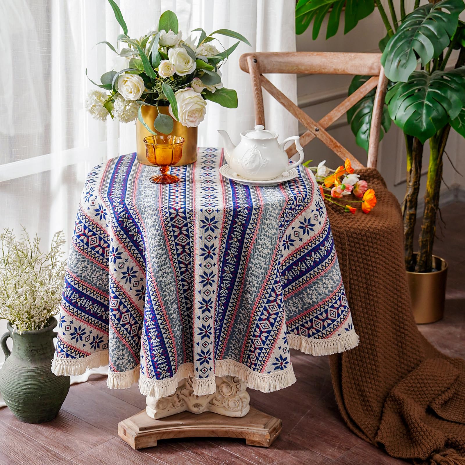 SUTAVIA Floral Round Tablecloth with Embroidery Lace Waterproof Fabric Burgundy Table Cloths Farmhouse Table Cover for Home Kitchen Dining Room Holiday Party Outdoor (Blue, 60" Round)