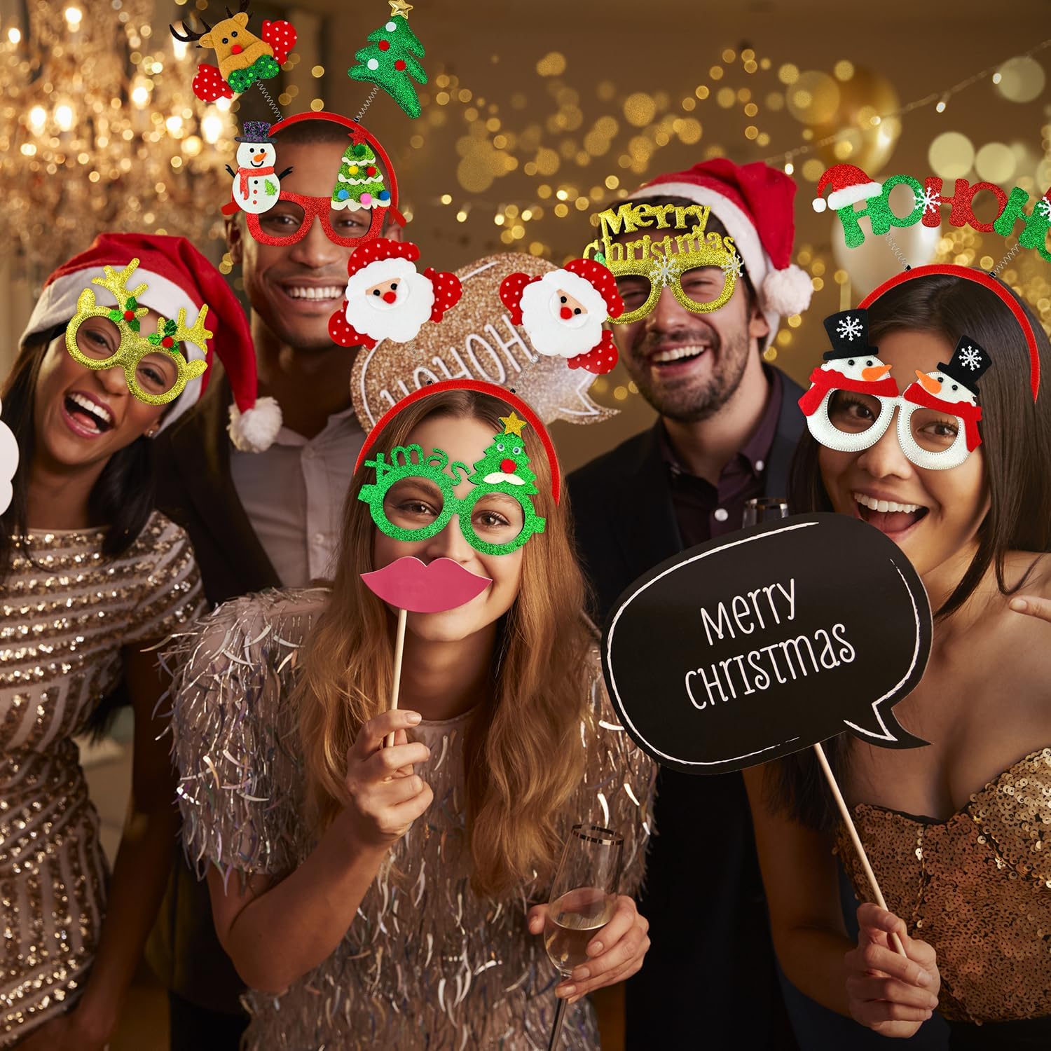 Skiennix Christmas Glasses & Headband Set - 12 Pack Glitter Eyewear & Holiday Accessories | One Size Fits All