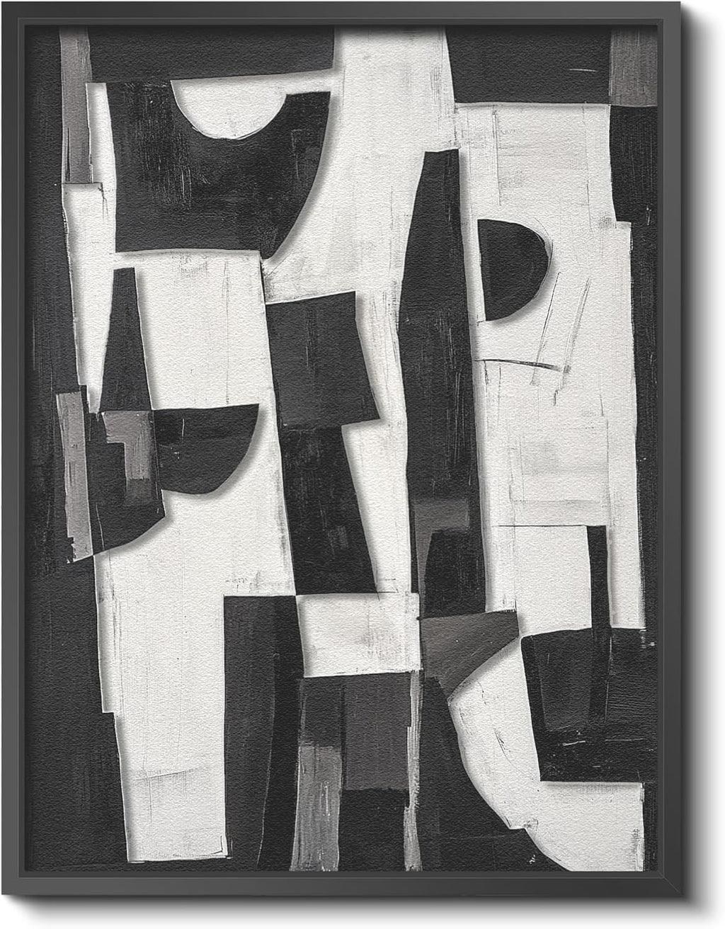 Skiennix Modern Black & White Abstract 3D Stacked Sandstone Wall Art - 12x16 Geometric Design in Metal Frame for Minimalist Decor