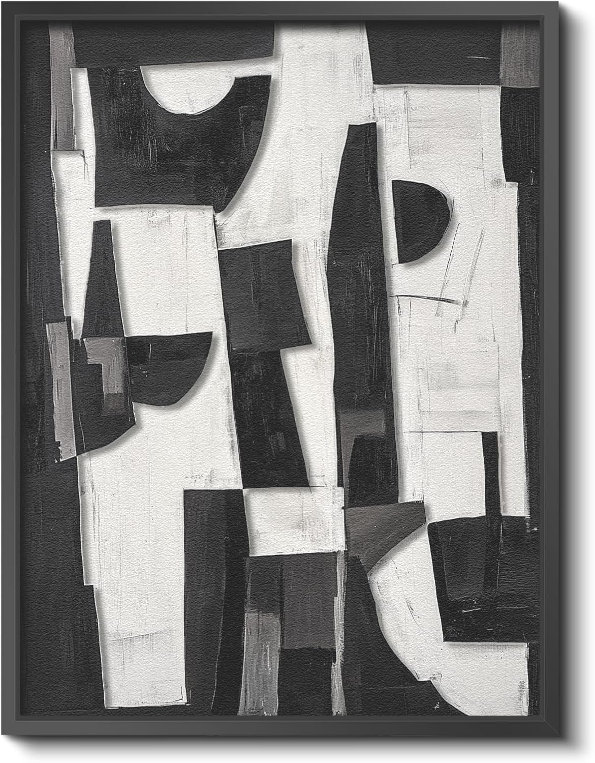 Skiennix Modern Black & White Abstract 3D Stacked Sandstone Wall Art - 12x16 Geometric Design in Metal Frame for Minimalist Decor