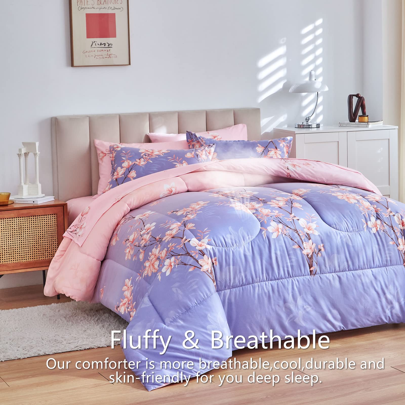 AIKASY Pink and Light Purple King Comforter Set with Sheets,Bed in a Bag 7-Pieces,Branches and Flowers Printing Design,Ultra Soft Down Alternative All Season Bedding Set(King,Blossom Stem)