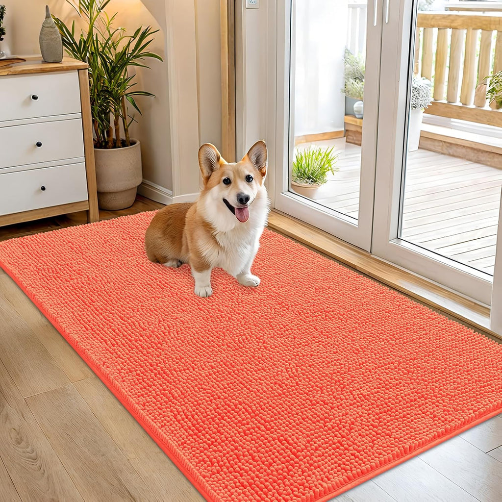 OLANLY Dog Door Mat - Absorbent Non-Slip Chenille Mat for Muddy Paws | 54x32 Coral Indoor Entryway Carpet