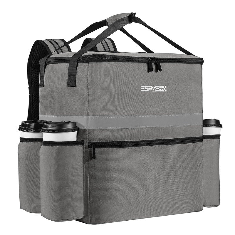 ESPXBOX Food Delivery Backpack with 4 Cup Holder, Insulated Pizza Delivery Bag for Delivery Bike, Large Leakproof Delivery Bags for Hot/Cold Food for Uber Eats, Doordash, Postmates（Gray）