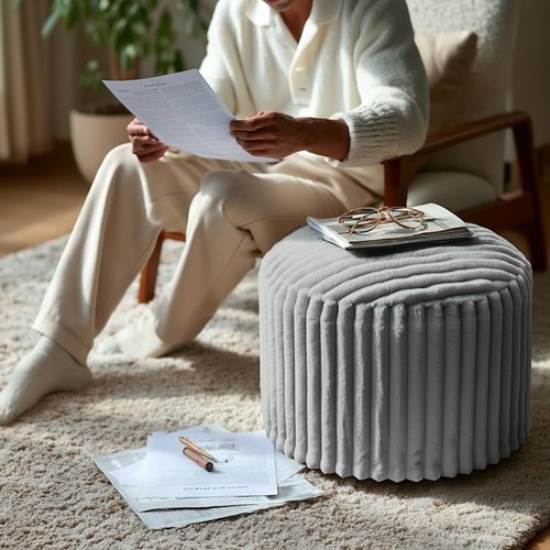 DAWNYIELD Luxury Round Stuffed Floor Poufs Ottoman, Stripe Faux Fur Footrest with Dual Layer Comfort, Removable Washable Cover, 20"x15" Plush Pouf Shaggy Stool for Living Room Bedroom, Gray