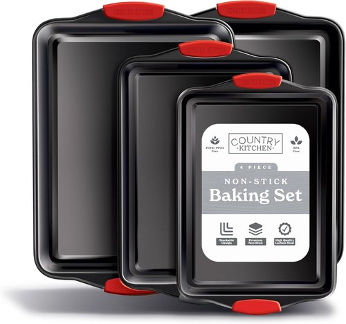 Country Kitchen Nonstick Bakeware Set - Heavy Duty, Easy Release, Stackable Design | Red, 4 Pcs