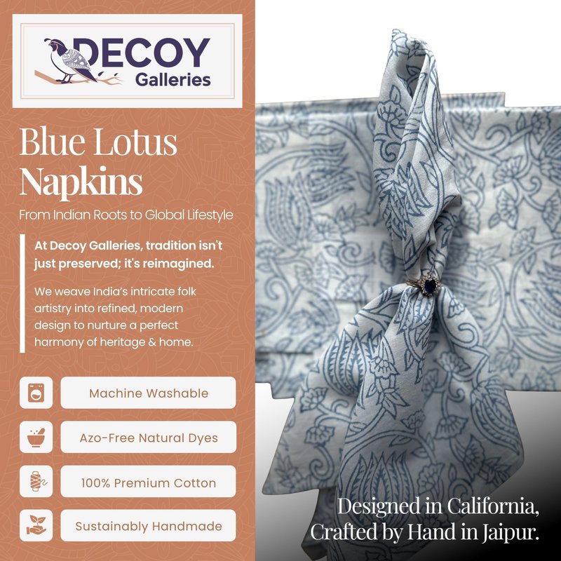 Decoy Galleries Reusable Cotton Napkin – Artisan Block-Printed Napkin with Floral Accents | Soft, Washable & Timeless Dining Table Décor for Everyday Gatherings (Blue Lotus | Set of 6)