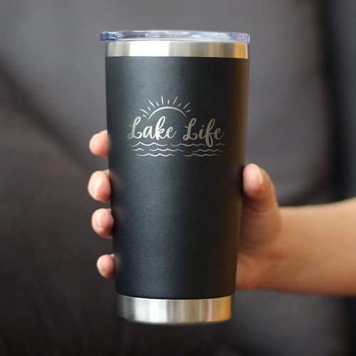 Lake Life - Insulated Coffee Tumbler Cup with Sliding Lid - Stainless Steel Insulated Mug - Cute Outdoor Camping Mug and Lake House Decor - Black
