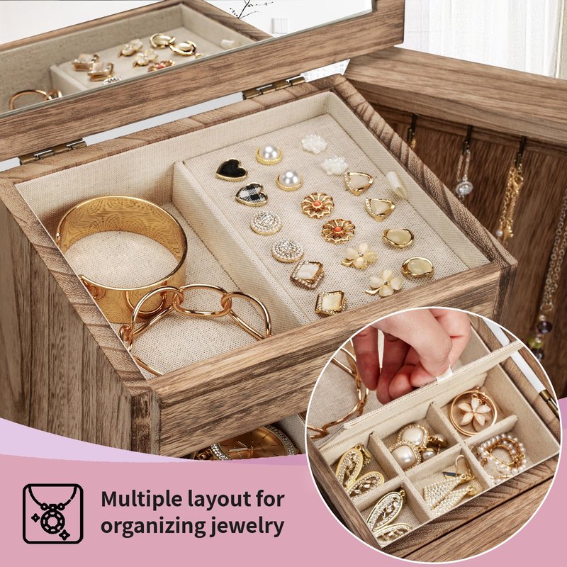 Yoimori Jewelry Box for Women, Rustic Wooden Jewelry Boxes & Organizers with Mirror & Drawers,6 Layer Jewelry Organizer Box for Rings Earrings Necklaces Bracelets (Carbonized Black)