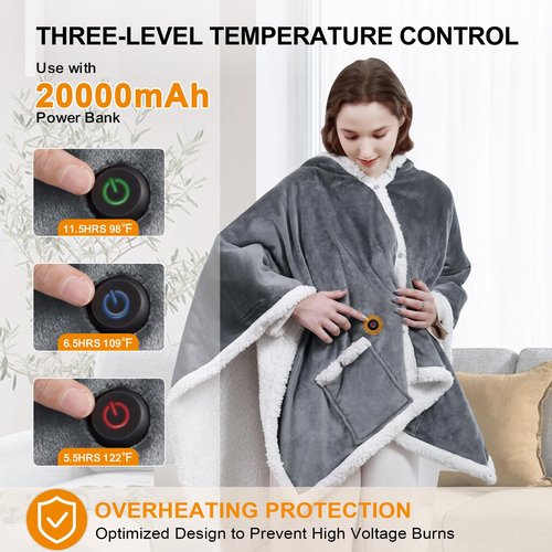 Warmrest Heated Blanket Wearable Shawl Portable Electric Wrap with Hoodie for Adult with Power Bank Flannel & Sherpa Heating Electric Throw with 3 Heat Settings Light Grey 50x60 Inch, Gifts for Mom