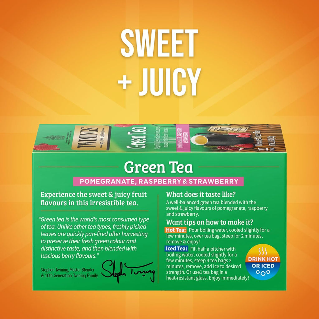Twinings Green Tea - Pomegranate, Raspberry & Strawberry Flavor - 20 Individually Wrapped Teabags