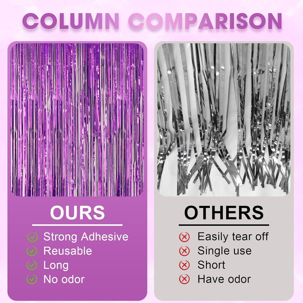 Voircoloria Laser Purple Foil Fringe Backdrop Curtains - 3 Pack 3.3 x 8.2 ft Tinsel Streamers for Parties