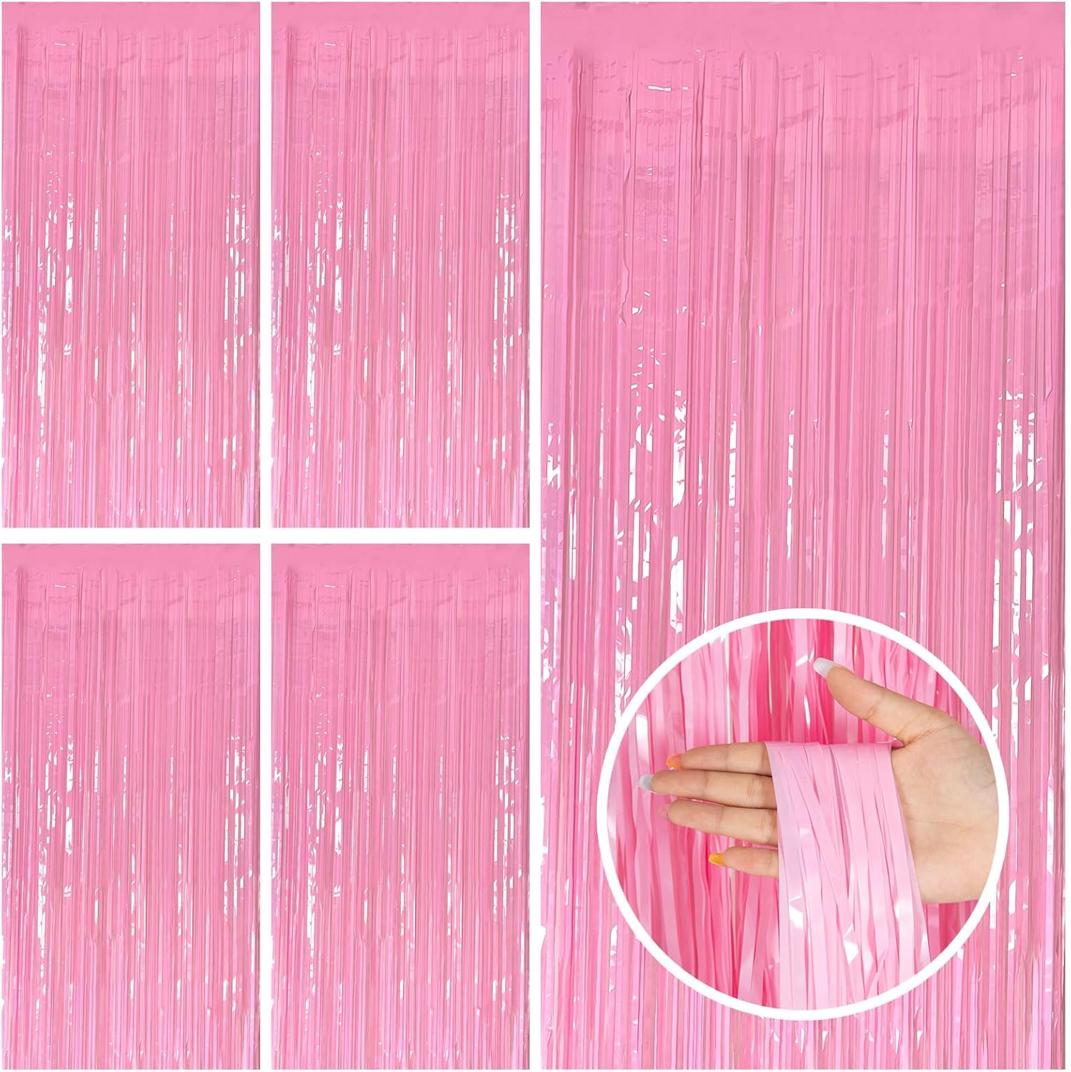 Skiennix Pink Tinsel Curtain | 5 Pack Foil Fringe Backdrop for Birthday & Graduation Parties