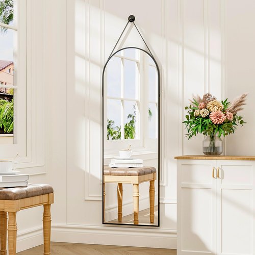 TinyTimes 48"x16" Hanging Mirror with Leather Strap,Arched Full Length Mirror with Aluminum Frame Wall-Mounted Hanging Mirrors for Bathroom Vanity Living Room Bedroom Entryway Décor, Black