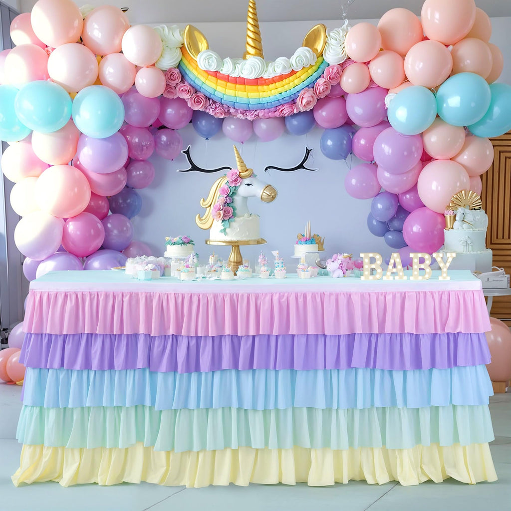 9ft Rainbow Tutu Tulle Table Skirt for Rectangle Round Tables Chiffon Table Cloth for Birthday Party Decorations Baby Shower Parties Ruffle Table Skirting