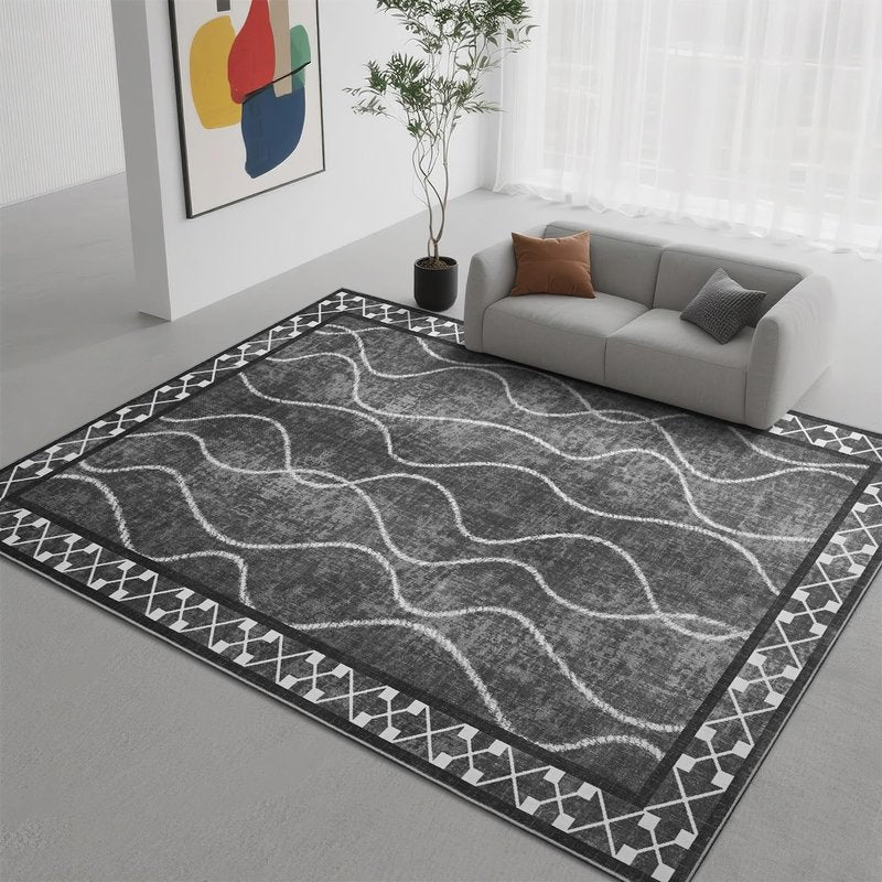 DweIke 5x7 Area Rugs for Living Room, Machine Washable Bordered Rug for Bedroom, Luxury Rubber Backing (Non-Slip) Low Pile Throw Carpet for Dining Room Kitchen Home Decor, Black Grey