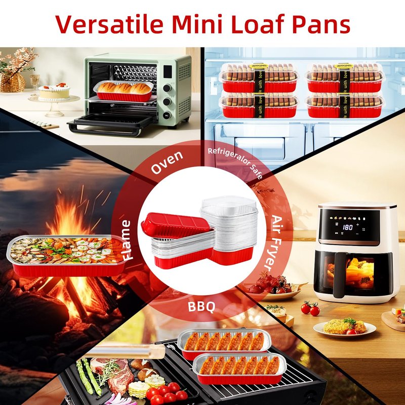 Orlashop 100 Pack Red Mini Aluminum Foil Loaf Pans with Lids 50Pcs 6.8oz and50Pcs 10oz, Spoons & Sealing Stickers Included Ideal for Baking, Storage & Gifting Dessert (100PCS RED)