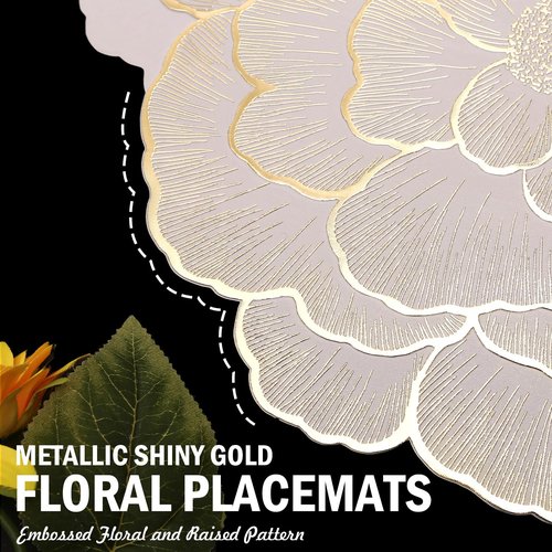 FAVE Golden Placemats Set of 8 Gold Floral Round Placemats, Reusable Vinyl Table Mats for Wedding Banquet Party, Metallic Shiny Placemats for Restaurant & Birthday Decor (Golden Peony, 8PCS)
