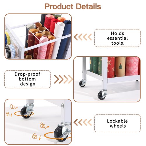 Essenhome Adjustable Wrapping Paper Organizer Cart With 12Pcs Slap Bands, Rolling Wrapping Paper Storage,Gift Wrap, Blueprint Storage, Craft Organizers