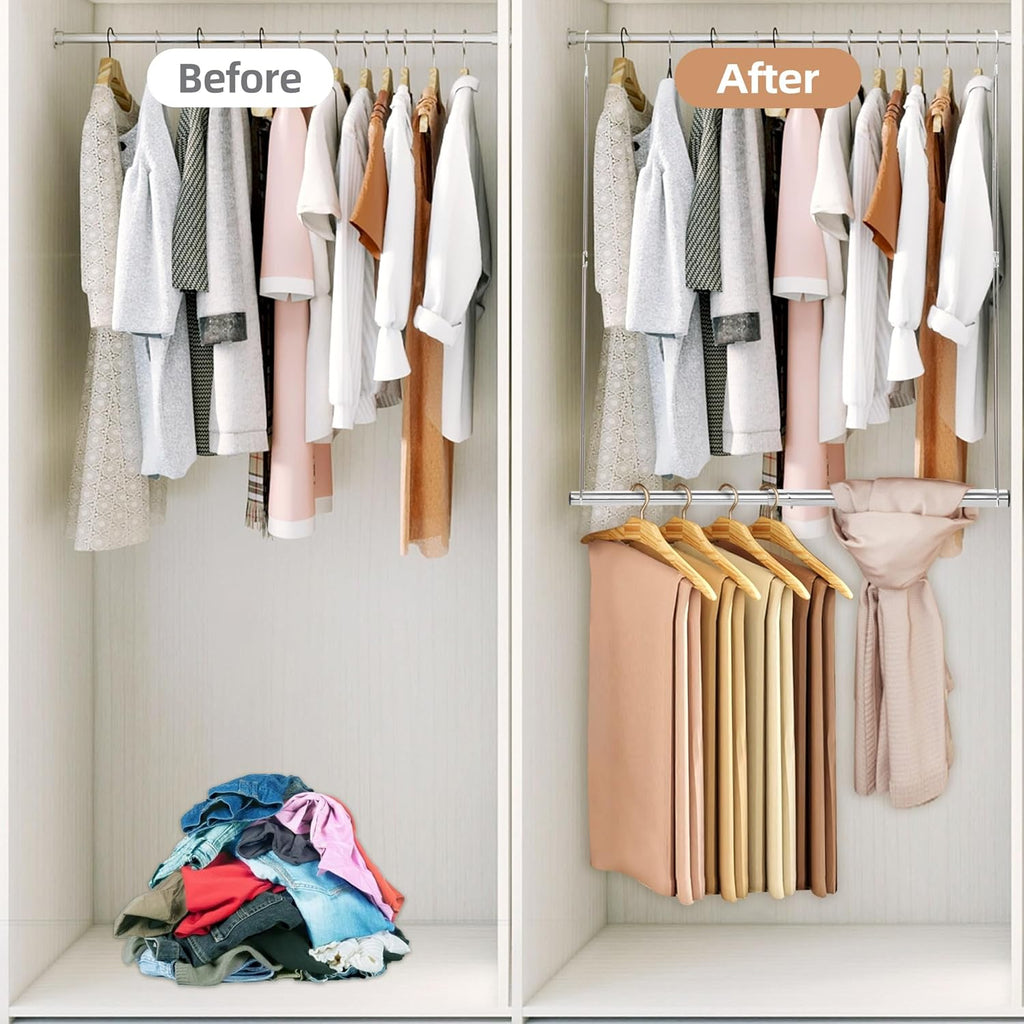 Storage Maniac Adjustable Closet Rod - Space-Saving Hanging Organizer | 2-Pack Chrome, Height & Width Adjustable