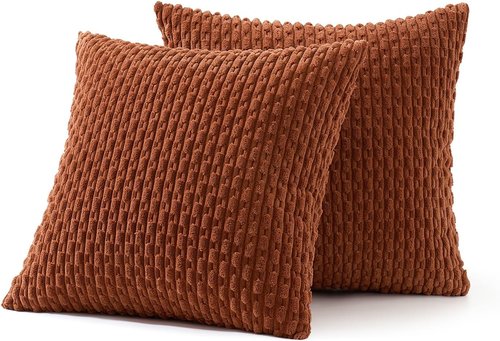 MIULEE Throw Pillow Covers - Soft Corduroy Boho Striped Decorative Set of 2 | 18x18 Inch Rust for Couch & Sofa