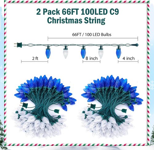 Brightown C9 LED Christmas String Lights - 200 LED Waterproof Outdoor Lights | 132ft Green Wire, 2 Pack
