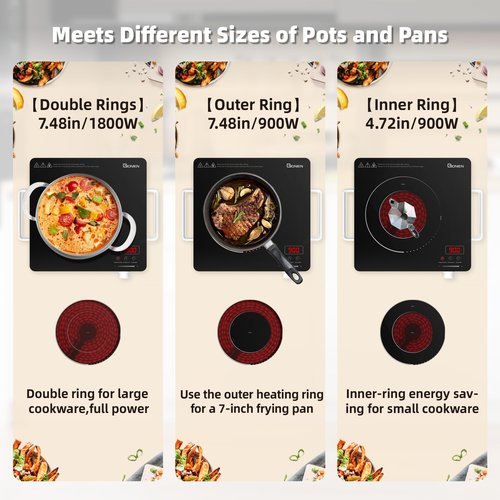 GIONIEN Electric Cooktop 1 Burner 110V, Portable Electric Stove with Handle, Ceramic Countertop Burner, Knob Control, ‌3-hour Timer, Safety Lock,3 Heat Modes,1800W