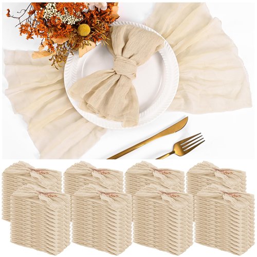 100 Pieces Cloth Napkins Beige Dinner Cheesecloth Napkins for Wedding,Wrinkled Cloth Napkins Bulk for Home Party Rustic Table Decoration, 17 x 17 Inch