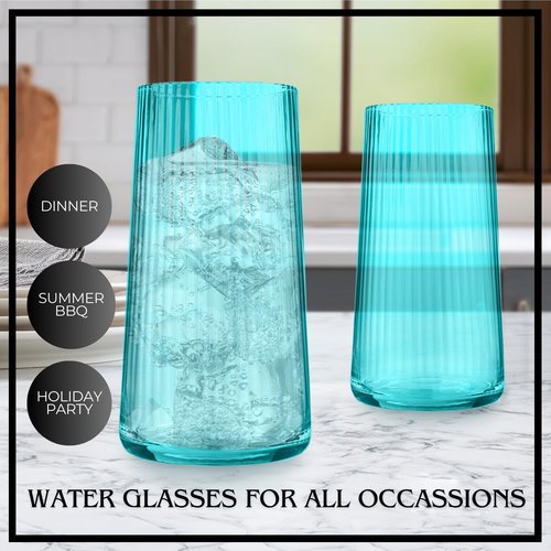 ARTLAND Soho Optic 17.5oz Highball Glass, Set of 4 - Modern Design Elegant Tall Drinking Glasses for Cocktails and More, Durable & Stylish Bar Glassware Essential for Any Occasion (Turquoise)