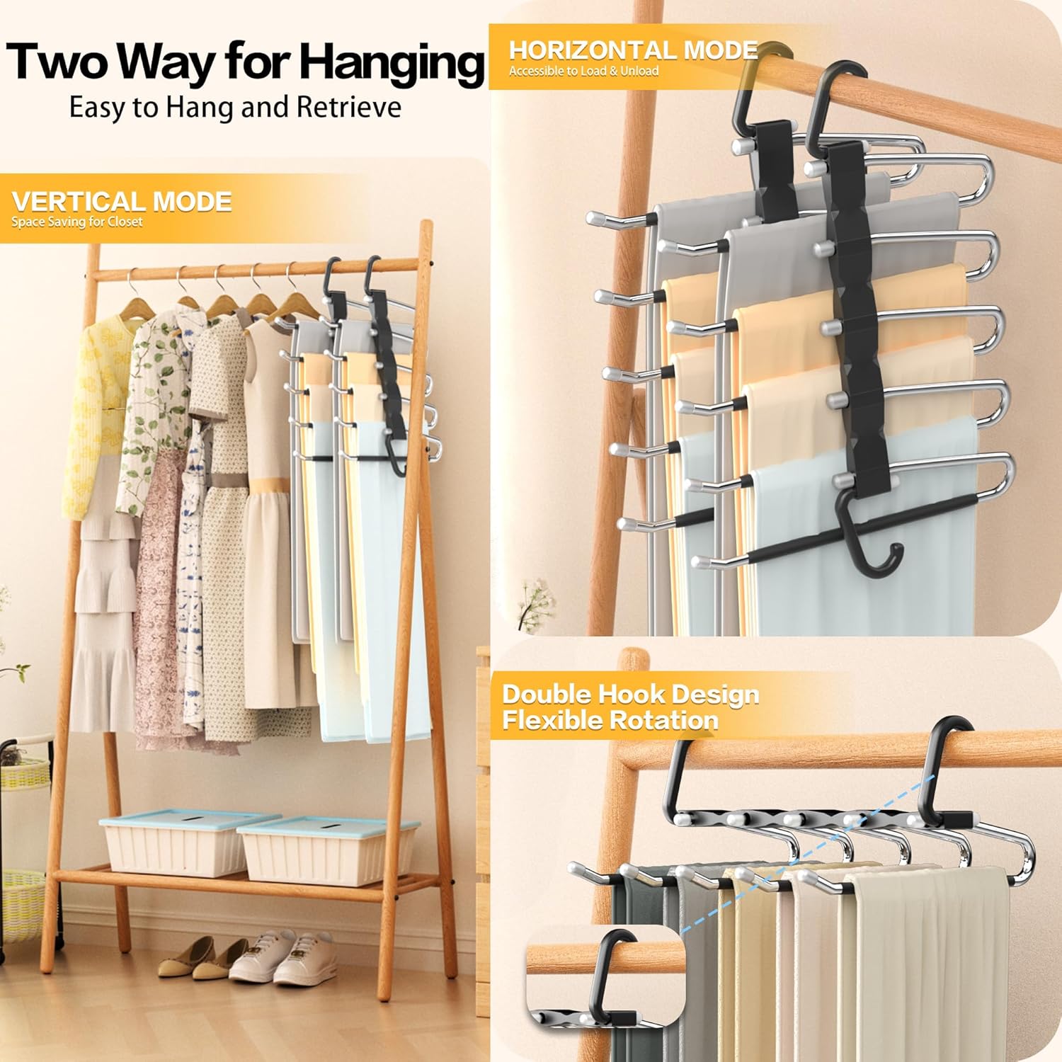 Skiennix Pants Hangers - Space-Saving 2-Pack Stainless Steel Closet Organizer | Anti-Slip Jean & Leggings Rack, Black