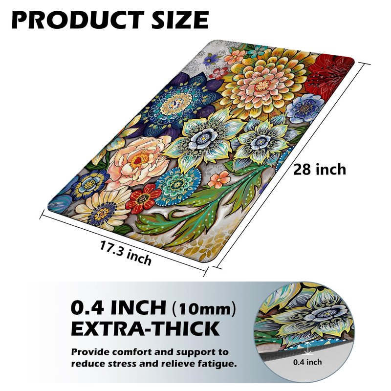 Tubeamin Floral Kitchen Rug Mat for Floor Boho Cushioned Anti-Fatigue Mat Non-Slip Standing Desk Waterproof Comfort Floor Mat for Sink, Office, Laundry, 17.3x28 Inch