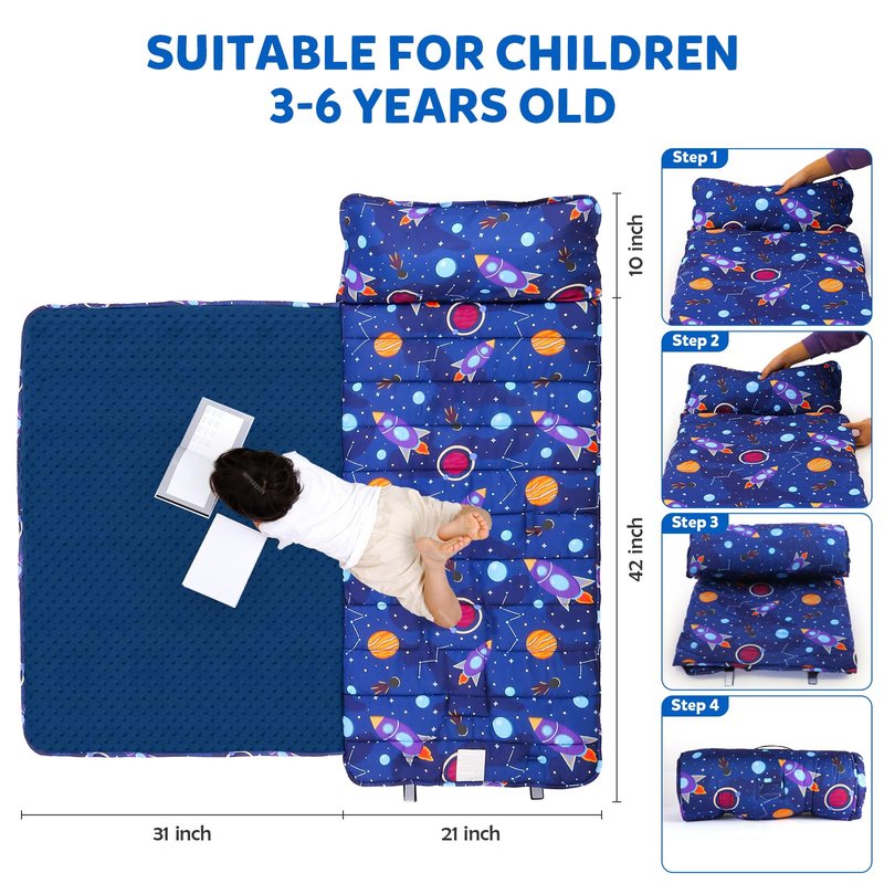 Toddler Nap Mat with Removable Pillow and Blanket, Sleeping Bag for Kids, Lightweight and Soft Slumber Bags for Preschool, Sleeping Mats for Daycare Sweat Absorbing and Breathable (Navy Blue Rocket)