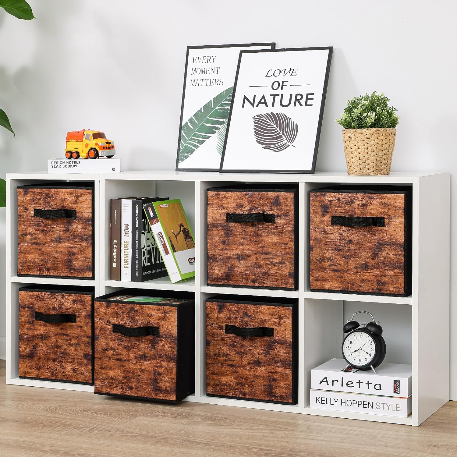 Stero Fabric Storage Cubes - 6 Pack Foldable Bins with Handles | 13-Inch Rustic Brown & Black Organizer