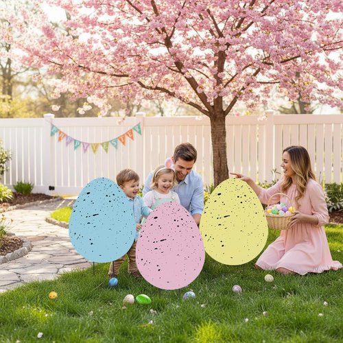 DoubleFill 3 Pcs Easter Decorations - 3D Metal Tulip & Bunny Garden Stakes for Spring Lawn Decor