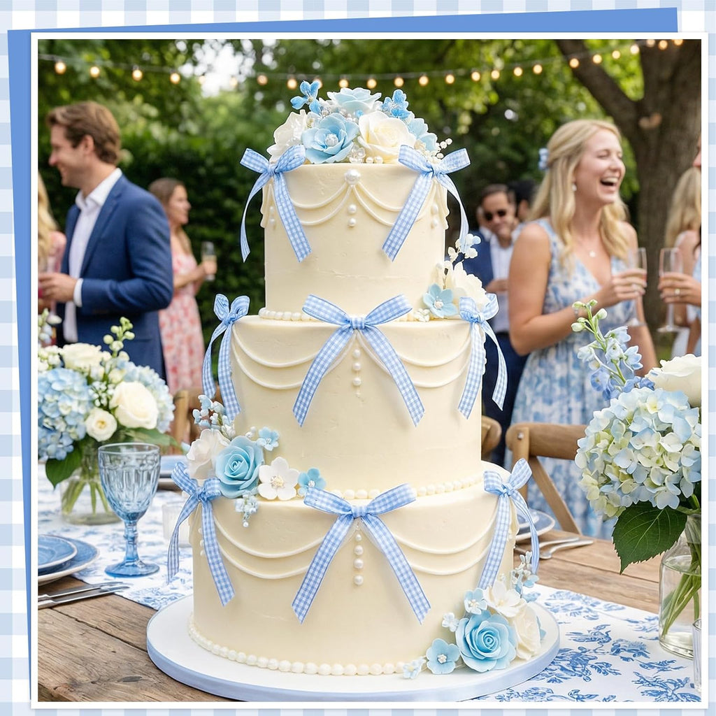 Skiennix 30 Pack Bow Cake Toppers - Blue Gingham Ribbons for Birthday & Baby Shower Celebrations