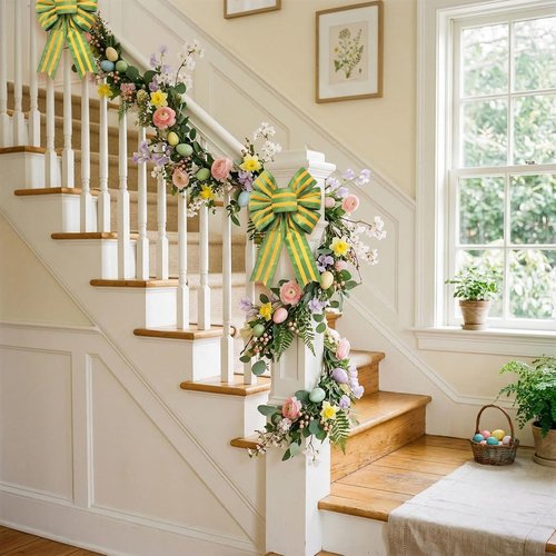 Hying Easter Wreath Bows - Yellow Green Stripes Burlap Decor for Front Door | 2 Pieces
