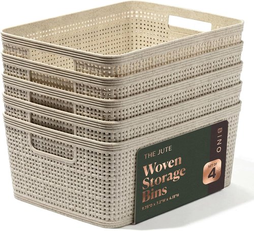BINO Woven Plastic Basket - Stylish Home Organization | Small Natural 5-Pack | Jute Collection