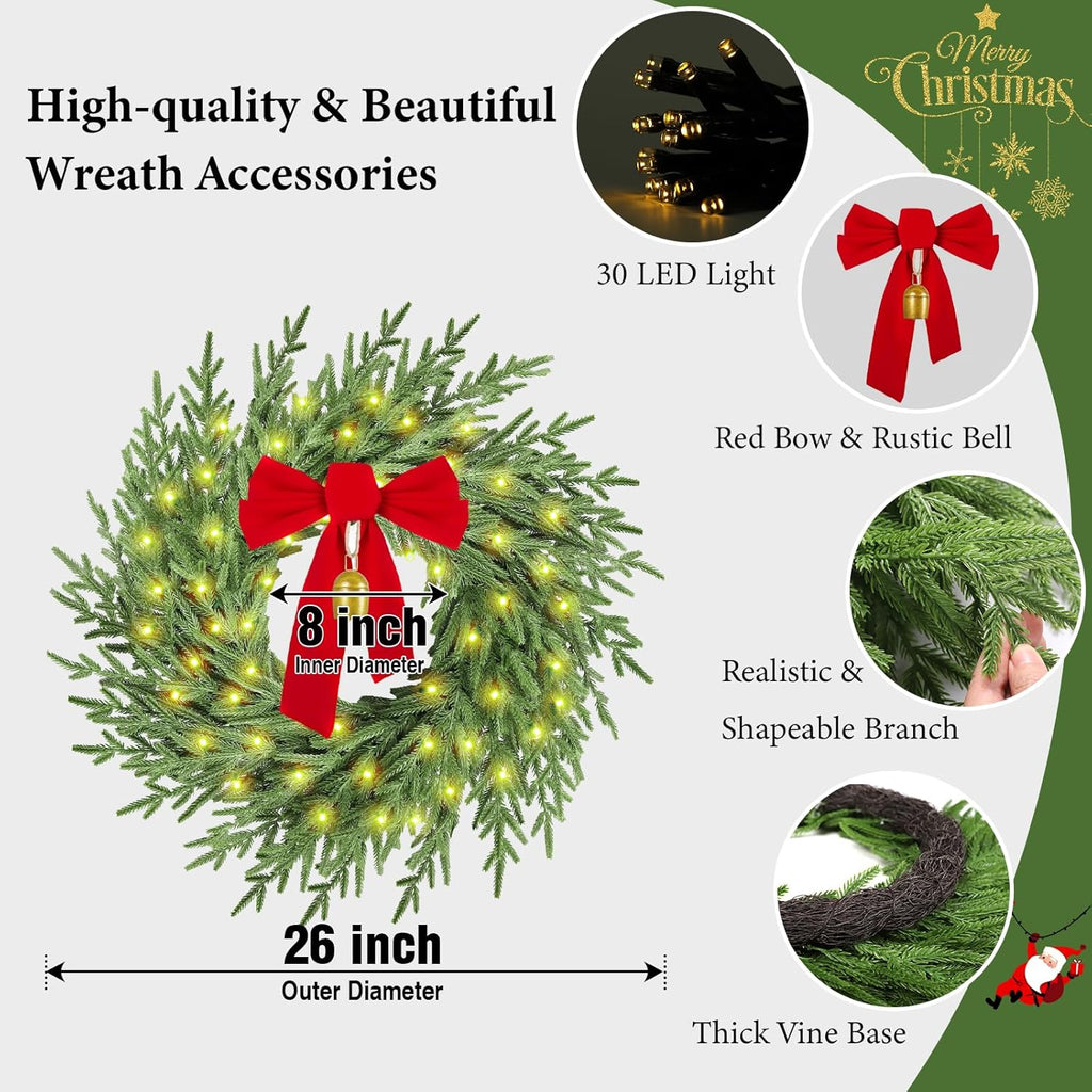 Skiennix Christmas Wreath - 26" Real Touch Pine with Lights, Bow & Bell | Festive Indoor/Outdoor Decor