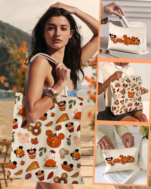 Miss Adola 2 Pack Canvas Tote Bag - Reusable Canvas Totes with Makeup Zipper Pouch Women Ladies Aesthetic Cute Food Pumpkin Shoulder Bag for Shopping, Work, Gym, Travel