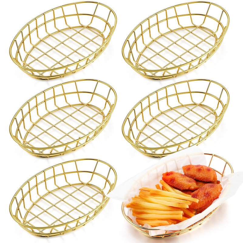 Tioncy 6 Pcs Chrome Oval Metal Wire Baskets 9.5 x 6.2 x 2.2 Inch Bread Serving Decorative Sandwich Container Party Fast Food Basket for Fruit Burger Kitchen Restaurant(Gold)