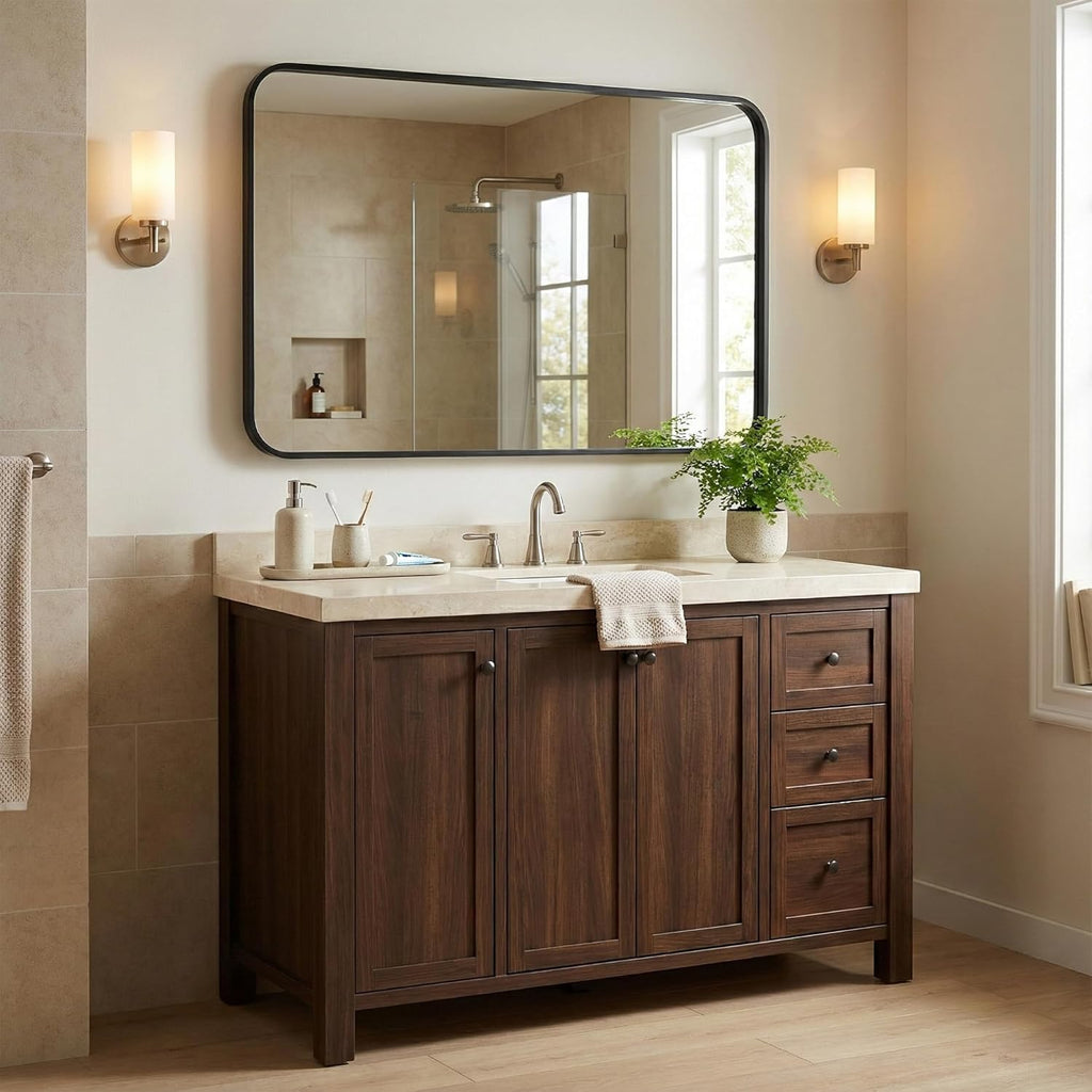 Regine Switzerland 24x36 Inch Matte Black Bathroom Vanity Mirrors - Flush Mount Deep Set Metal Design, HD Shatterproof Glass